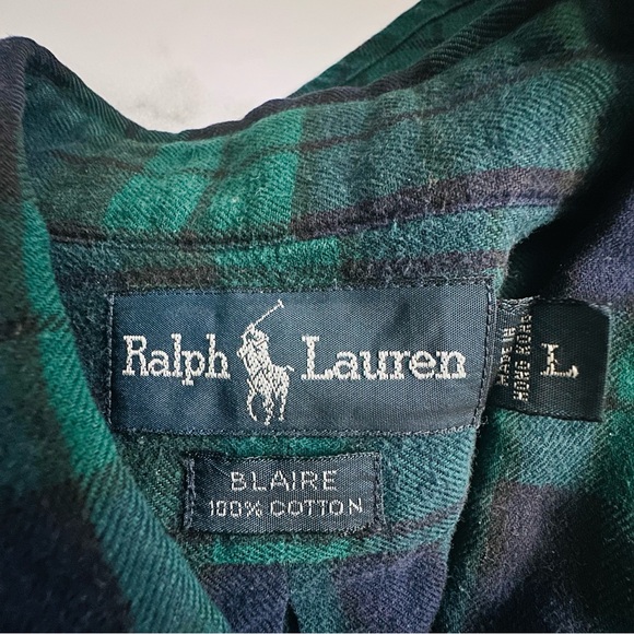 Vintage Ralph Lauren Mens Blaire Plaid Shirt Large Cotton L/S Preppy Green Blue - Picture 3 of 10